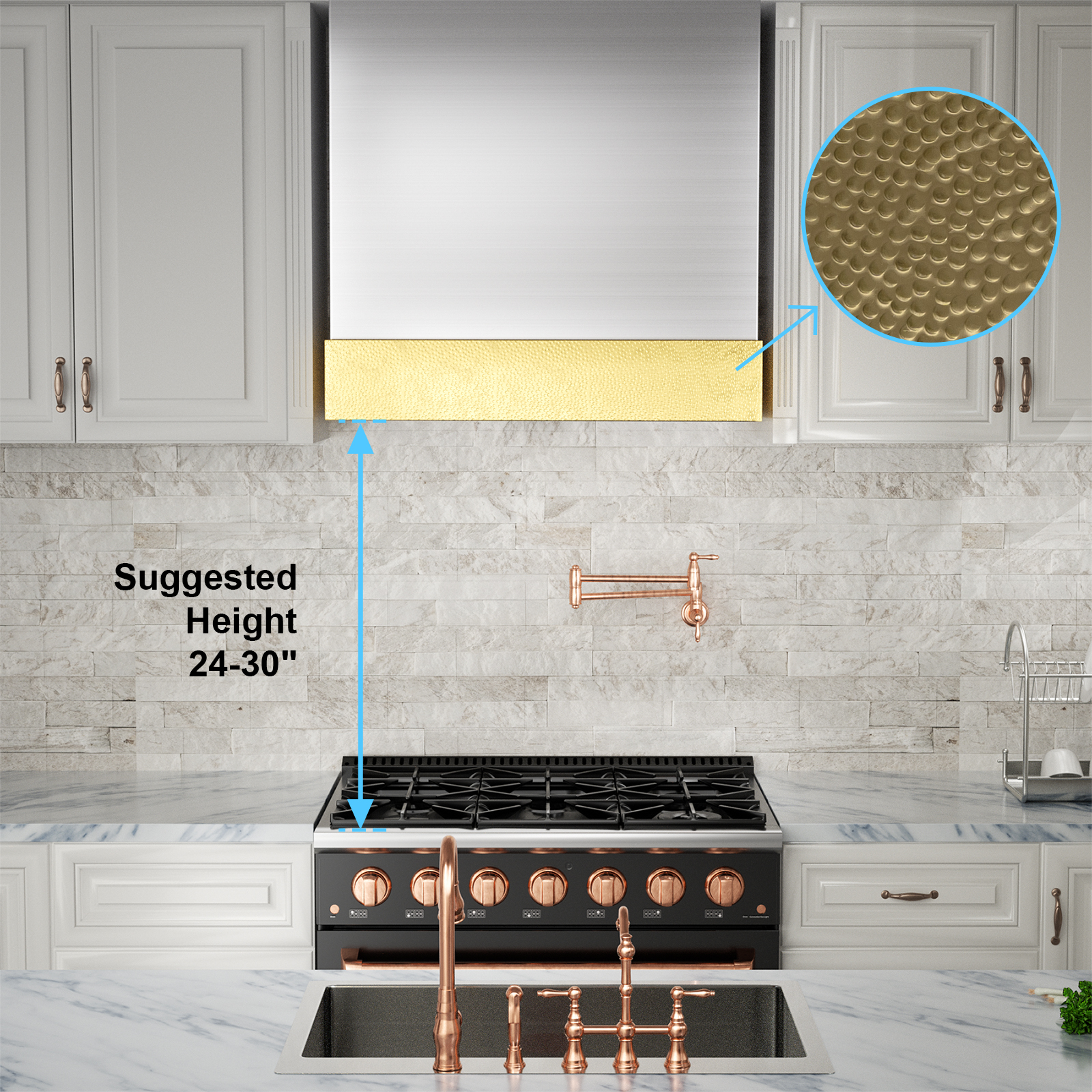 Akicon 600 CFM Wall Mounted Range Hood, Stainless Steel Range Hood 30 inch, Energy Saving, Ducted Kitchen Hood for Cooking, Powerful Vent Motor, Brushed Stainless with Gold