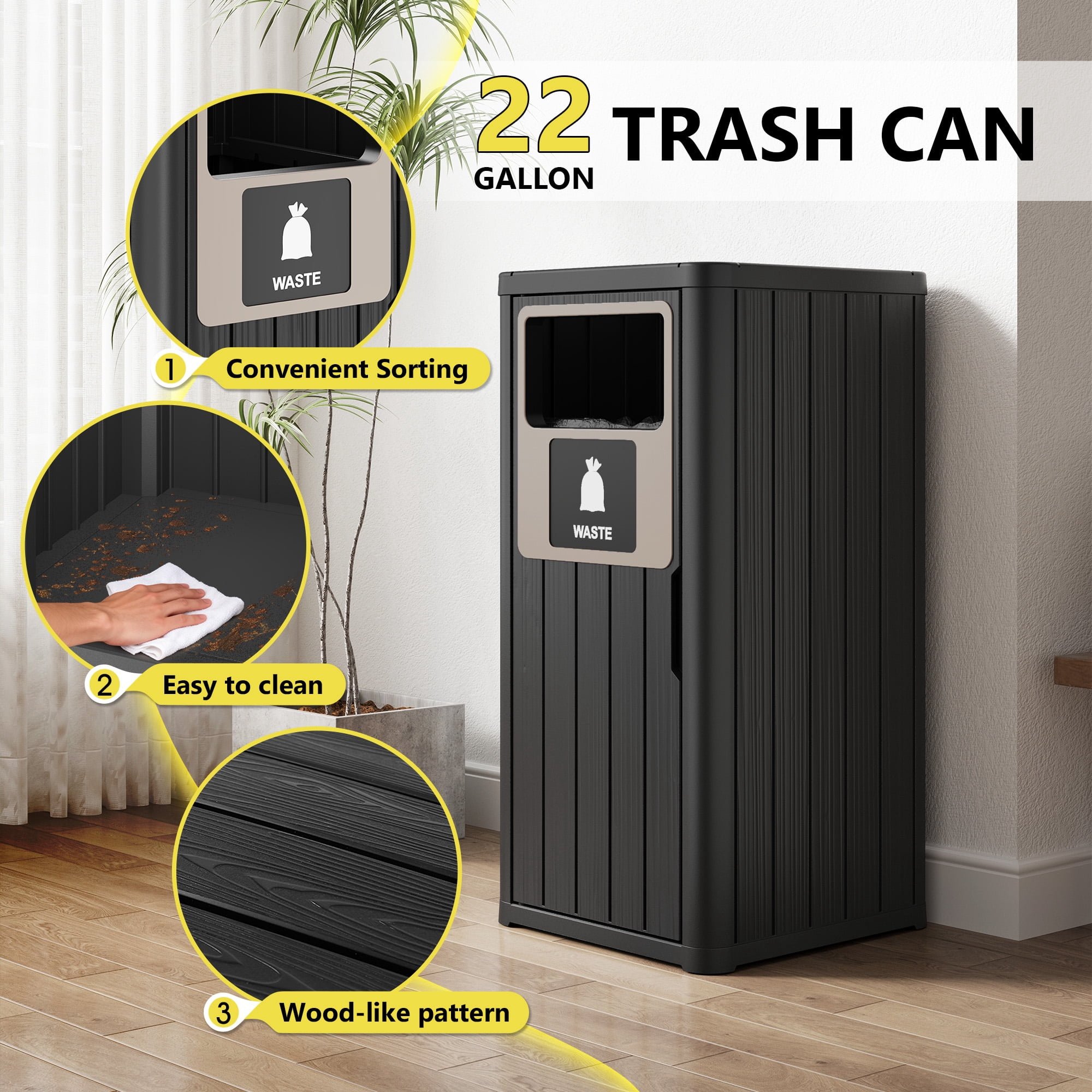 Nihsuao 42 Gallon Resin Trash Can, Durable & Waterproof Outdoor Garbage Bin with Garbage Labels, Weather-Resistant Waste Bin for Indoor Kitchen, Outdoor Porch, Backyard, (Black, 1)