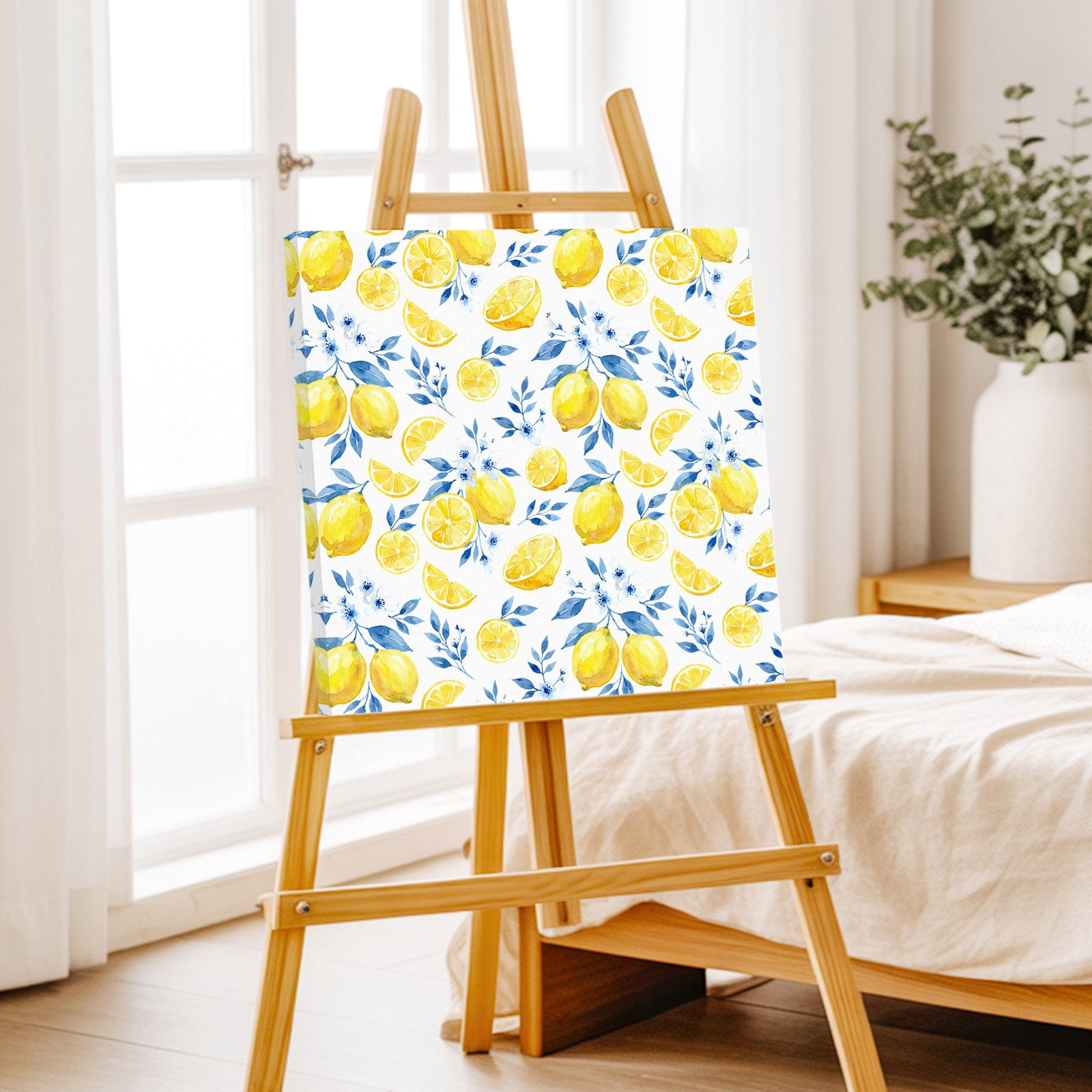 Summer Fruit Canvas Wall Art for Living Room, Watercolor Lemon Cute Frangipani Blue Leaf Farmhouse Poster Print Painting for Bedroom Office Home Decoration Wall Pictures Prepare To Hang 16"x16"