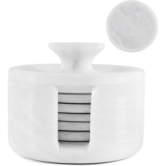 Elborse White Marble Coasters Set of 6 Handmade 3.5 inch Round Coasters for Drink with Holder and Lid, Drink Coasters for House Warming Gift and Coffee Table