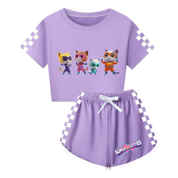 Kids SuperKitties Clothes Set – Girls Short Sleeve Tee and Shorts – Stylish Summer Wear