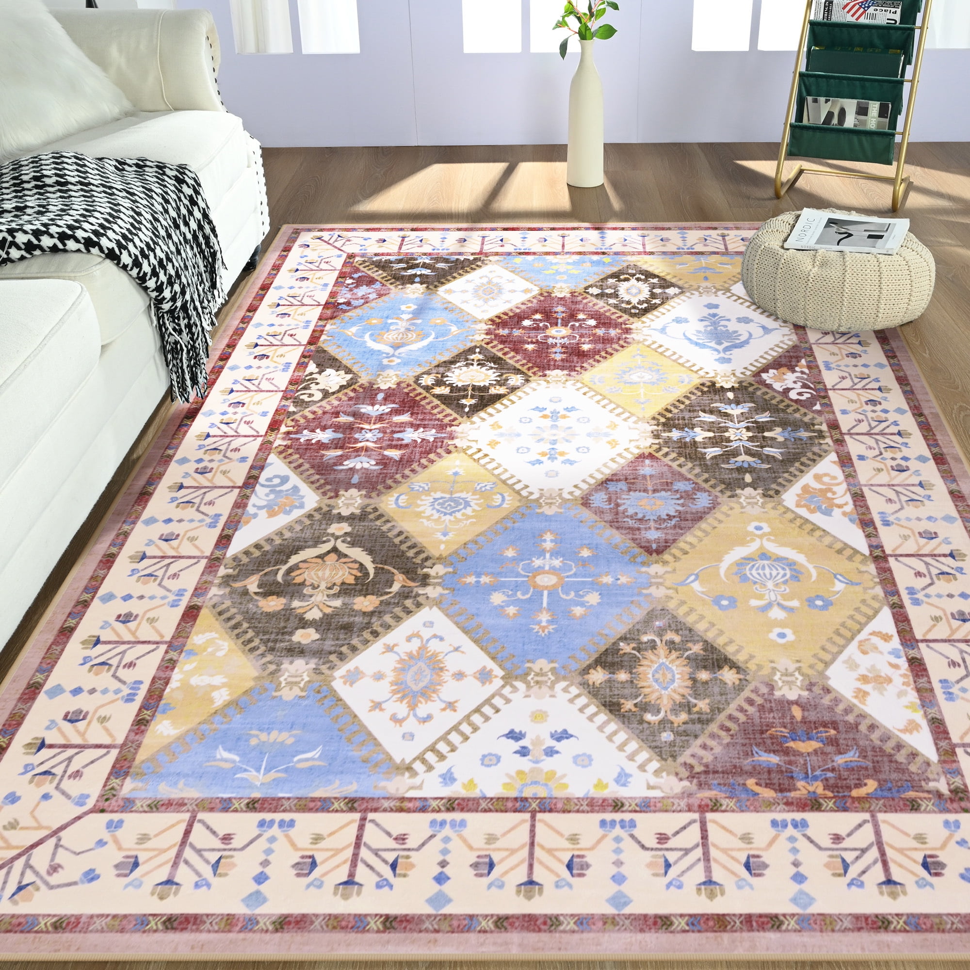 Wondo Moroccan Vintage Trellis Area Rug - Machine Washable Non-Slip Low-Profile 5x8 Floor Carpet for Living Room, Bedroom, Dining Room, Office & Nursery, Brown