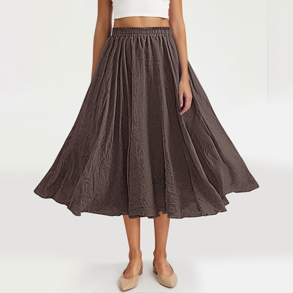 Women's High Waisted Midi A-Line Skirt Flowy Lightweight Breathable Crinkle Fabric Pleated Flared Swing Skirt Casual Boho Beach Summer Long Skirt