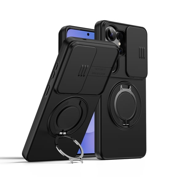 for Samsung Galaxy S26 Ultra Magnetic Phone Case with Sliding Camera Lens Cover, Stable 360° Rotation Ring Kickstand Durable Comfortable Grip Ultra Slim Shock-Resistant Protective Cover, Black