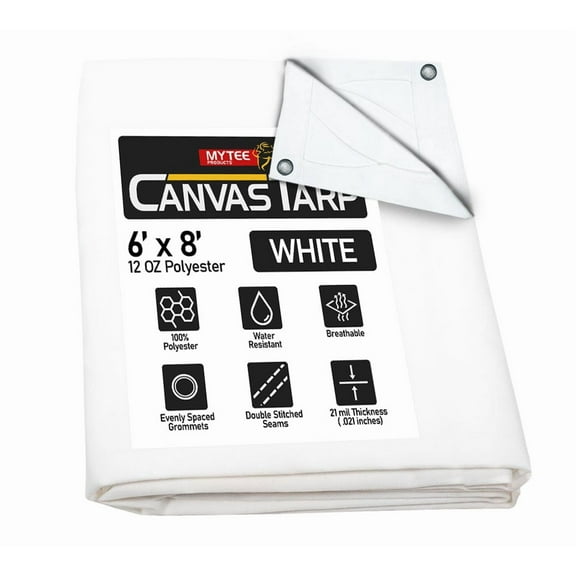 6' x 8' White Canvas Tarp 12oz - Water Resistant & Breathable - Heavy Duty Tarps - Multipurpose Tarpaulin Cover for Camping Tent