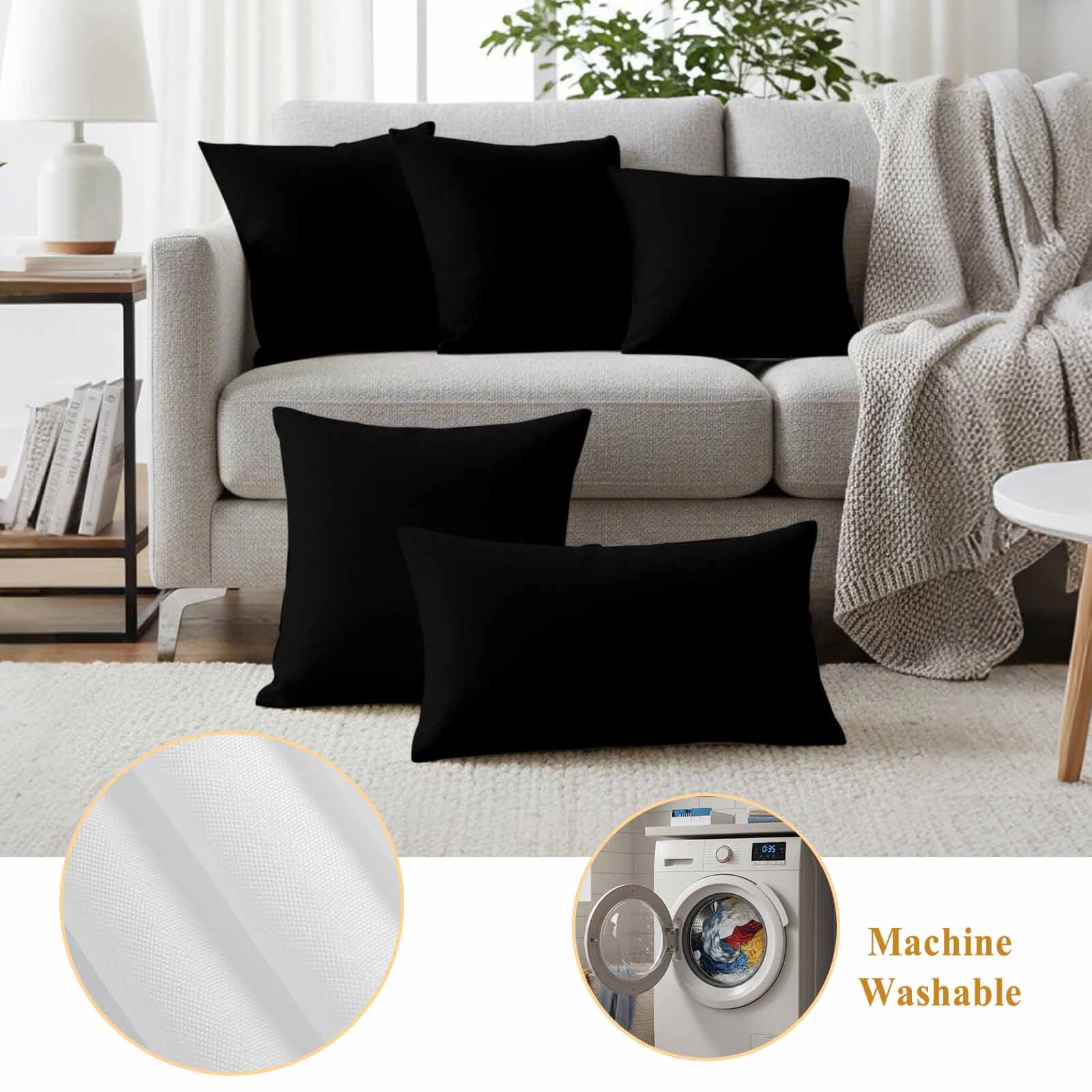 Black Outdoor Waterproof Pillow Covers, Solid Color Farmhouse Black Decorative Square Throw Pillowcase Sofa Cushion Sham for Patio/Couch/Chair, 16"x16" 2 Pack