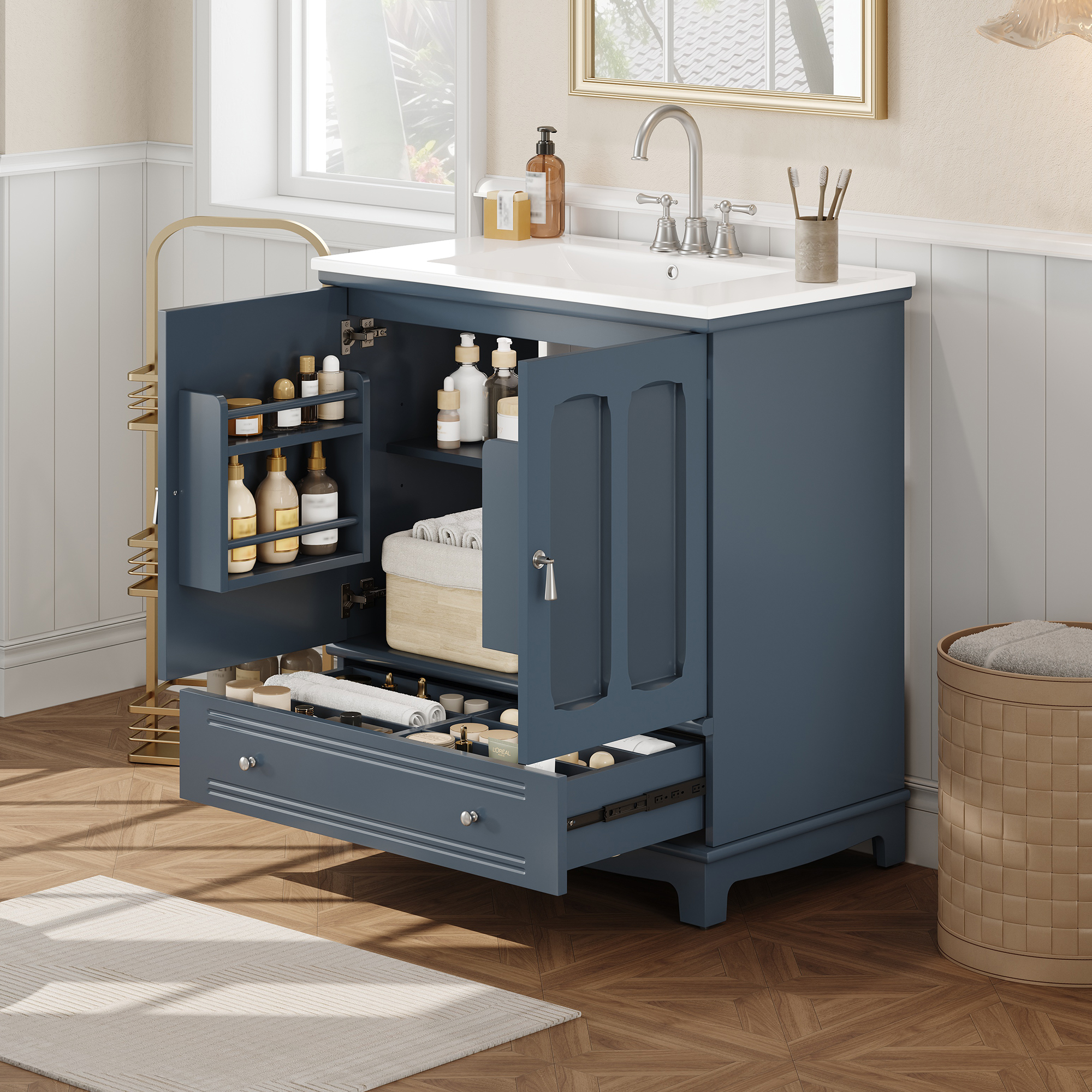 Euroco 30" Bathroom Vanity with Ceramic Sink, Solid Wood Frame Bathroom Sink Cabinet with Adjustable Shelf, Drawer with Divider, Solid Wood Feet