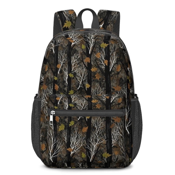 Camo and Tree Black Pattern 17" Waterproof Oxford School Backpacks for Teens, S-Shape Padded Straps, for School, Travel, Hiking, Camping