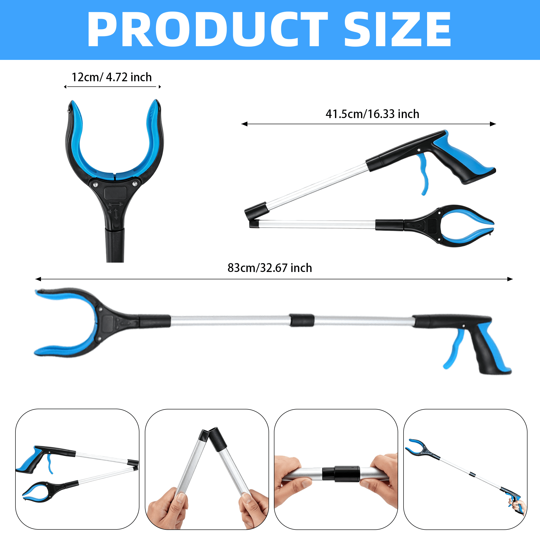 2 Pack Foldable Grabber Reacher Tool, 32.67 Inch Litter Pick Up Tool with 360° Rotating Jaw, Non‑Slip Trash Picker Upper Tool for Outdoor Litter, Hard‑to‑Reach Items