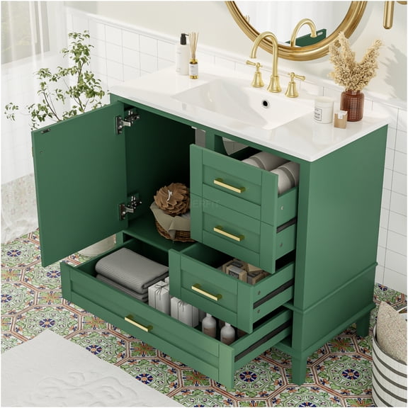 JERFIT 36 Inch Green Bathroom Vanity with Ceramic Sink, Soft Close Door and 3 Drawers, Modern Freestanding Storage Cabinet for Bathroom Organization