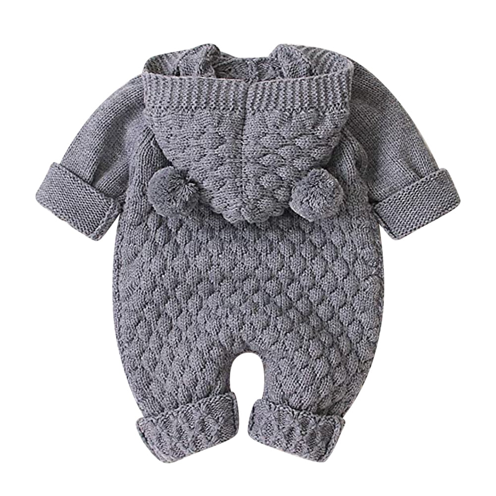 IBTOM CASTLE Unisex Baby Boy Girl Cute 3D Bear Ears Hooded Knitted Sweater Long Sleeve Romper Overall Sleepwear Winter Warm Clothes 6-12 Months Gray