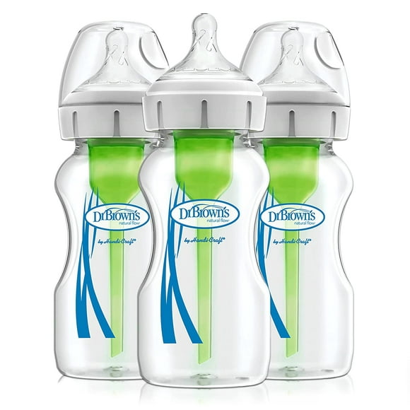 Dr. Brown's Natural Flow Anti-Colic Options+ Wide-Neck Glass Baby Bottles 9 oz/270 mL, with Level 1 Slow Flow Nipple, 3 Pack, 0m+ 3 Pack, 9 oz
