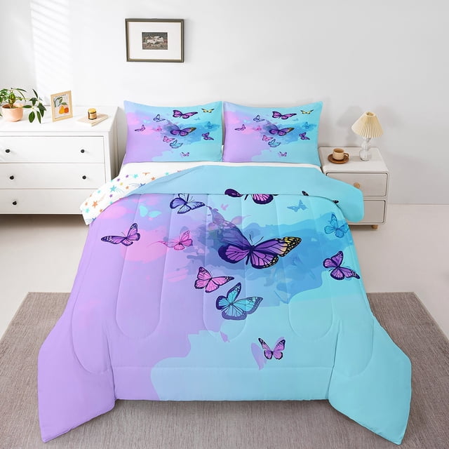 Ensemble de Literie Papillon pour Filles Dégradé Bleu Violet Ensemble de Couette Très Grand Imprimé de Papillons de Rêve Ensembles de Couette de Literie Insert de Couette Papillon Animal de Ferme Rustique Style Romantique Courtepointe pour Garçons Enfants Ados