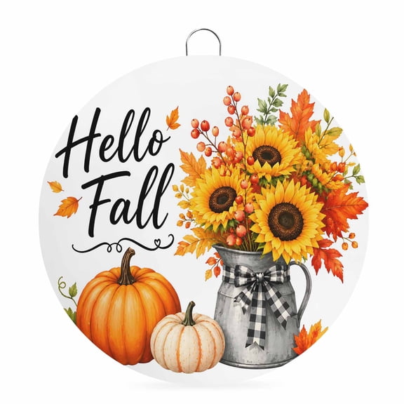 Welcome Sign for Front Door, Fall Thanksgiving Round Metal Wall Art Wreaths, White Orange Pumpkin Leaf Flower Autumn Outdoor Indoor Wall Hanging Sign for Porch Decor Housewarming Gifts 5.9 Inch