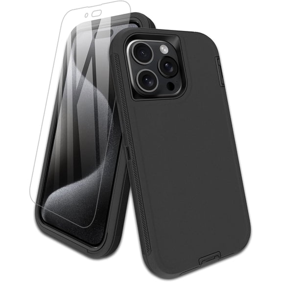 Entronix 2-in-1 Heavy Duty Case Compatible with iPhone 15 Pro with Screen Protector, Black
