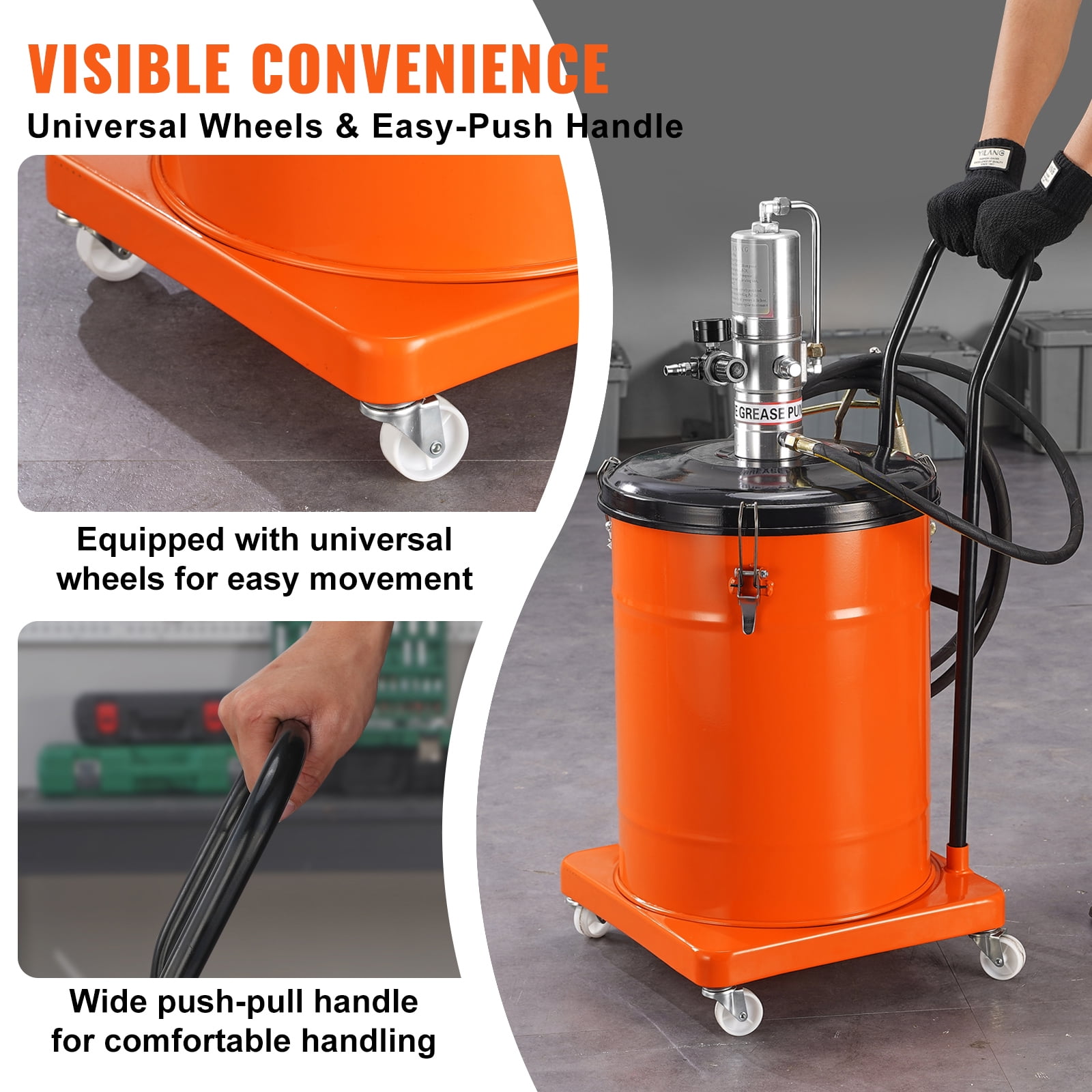 KFFKFF 10.5 Gallon 40L Air-Powered Grease Pump with 13 ft High-Pressure Hose and Grease Gun, Mobile Pneumatic Grease Bucket with Wheels, 50:1 Pressure Ratio for Efficient Lubrication