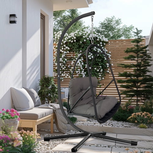 Swing Egg Chair with Stand, Indoor Outdoor Hanging Chair with Cushion & Cup Holder, Rattan Wicker Patio Hanging Chair with Foldable Stand,Black