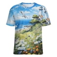 thumbnail image 5 of Lighthouse Sunrise Coast Scenery Pale Blue Tan Womens Tops Women's Fashion Casual Short Sleeve Flower Print Round Neck Pullover Top Blouse, 5 of 6