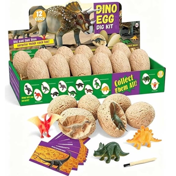 Piano Potato 12 pack Dinosaur Egg Dig Kit for Kids - Surprise Dino Excavation Toys, STEM Educational Science Activity with 12 Individual Eggs & Tools, Perfect Birthday Party Favors for Kids Ages 6-12