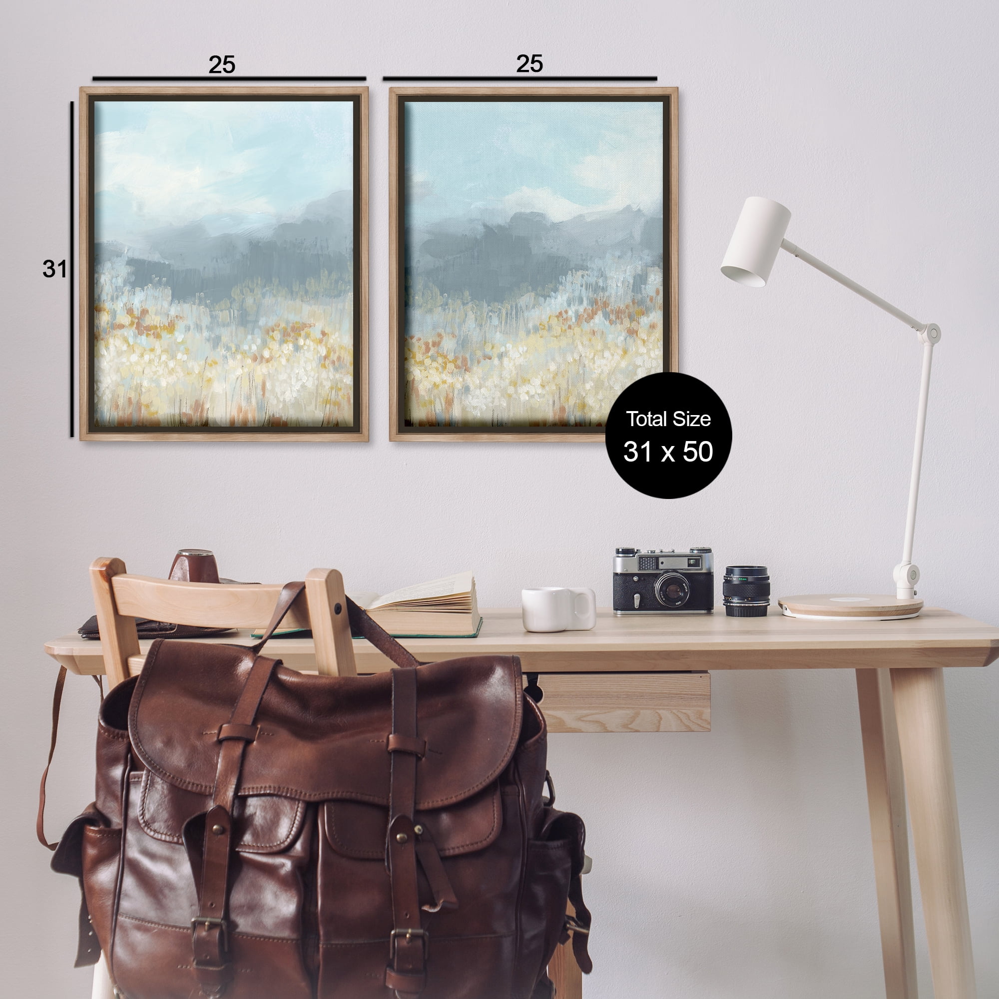 Stupell Industries White Flower Field Mountains Landscape & Nature Painting Brown Floater Framed Canvas Art Print Wall Art, 31 x 25, Set of 2