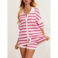 thumbnail image 4 of FOCUSNORM Women Pajamas Set 2 Pieces Loungewear Suits Stripe Contrast Color Button Crochet Knit Tops and Shorts Lounge Sets, 4 of 9
