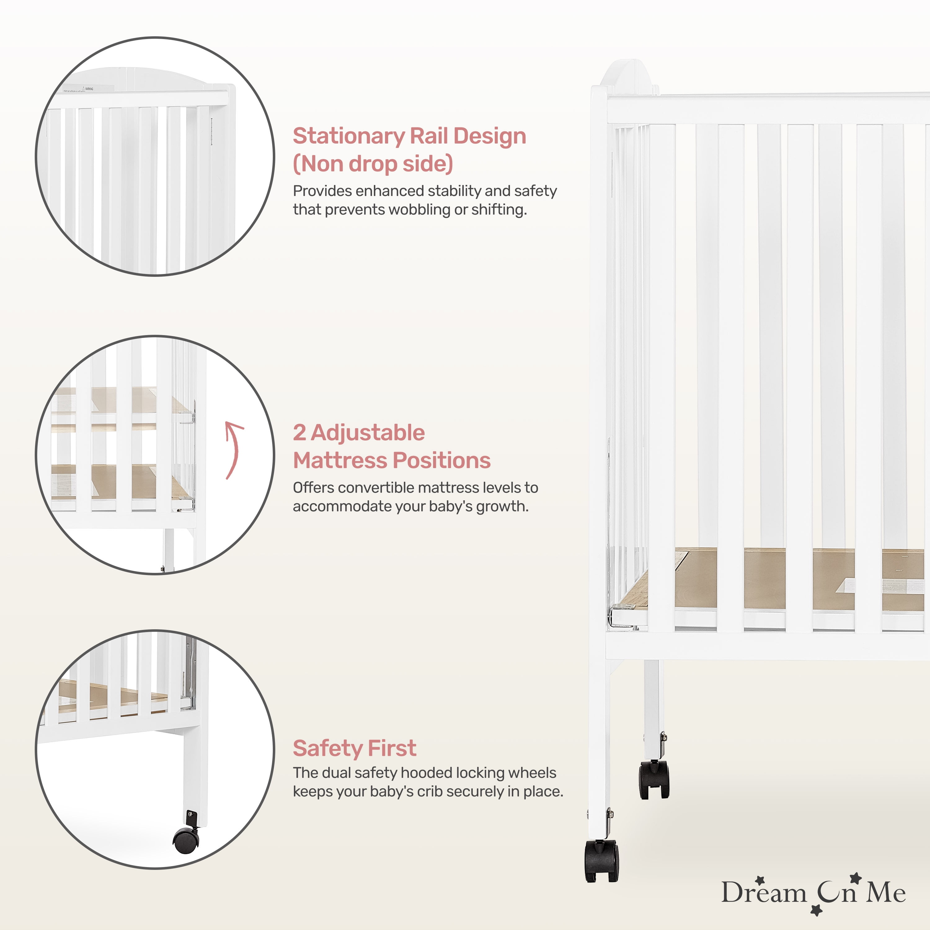 Dream On Me Full Size 2 in 1 Folding Stationary Side Crib Locking Wheels White Walmart