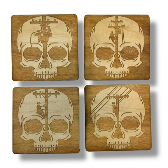 Lineman Skulls Coaster Set of 4 Raw Wood