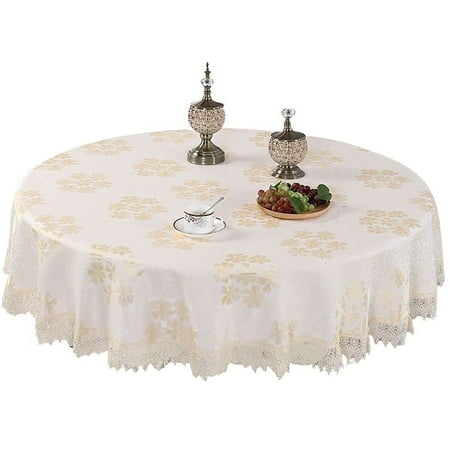 

Circle Tablecloth elegant Yarn Dyed Jacquard Round Tablecloth With Lace spill Proof No Pilling Table Cover For Wedding party banquet-Yellow-150cm