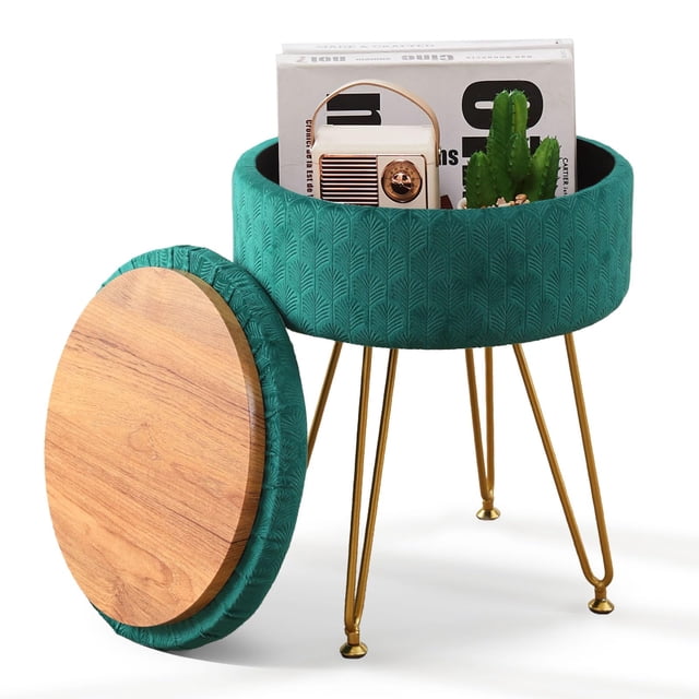 Taburete Storage Ottoman Cpintltr, de terciopelo, redondo, color esmeralda