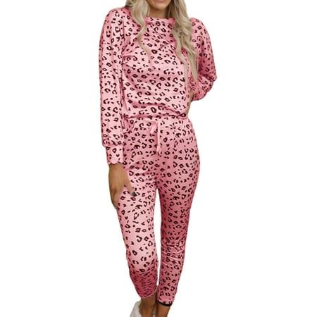 

Capreze Women Nightwear Loungewear Sets Ladies Leopard Casual Tops Joggers Pants 2 Piece Set Autumn Soft Pajamas Set