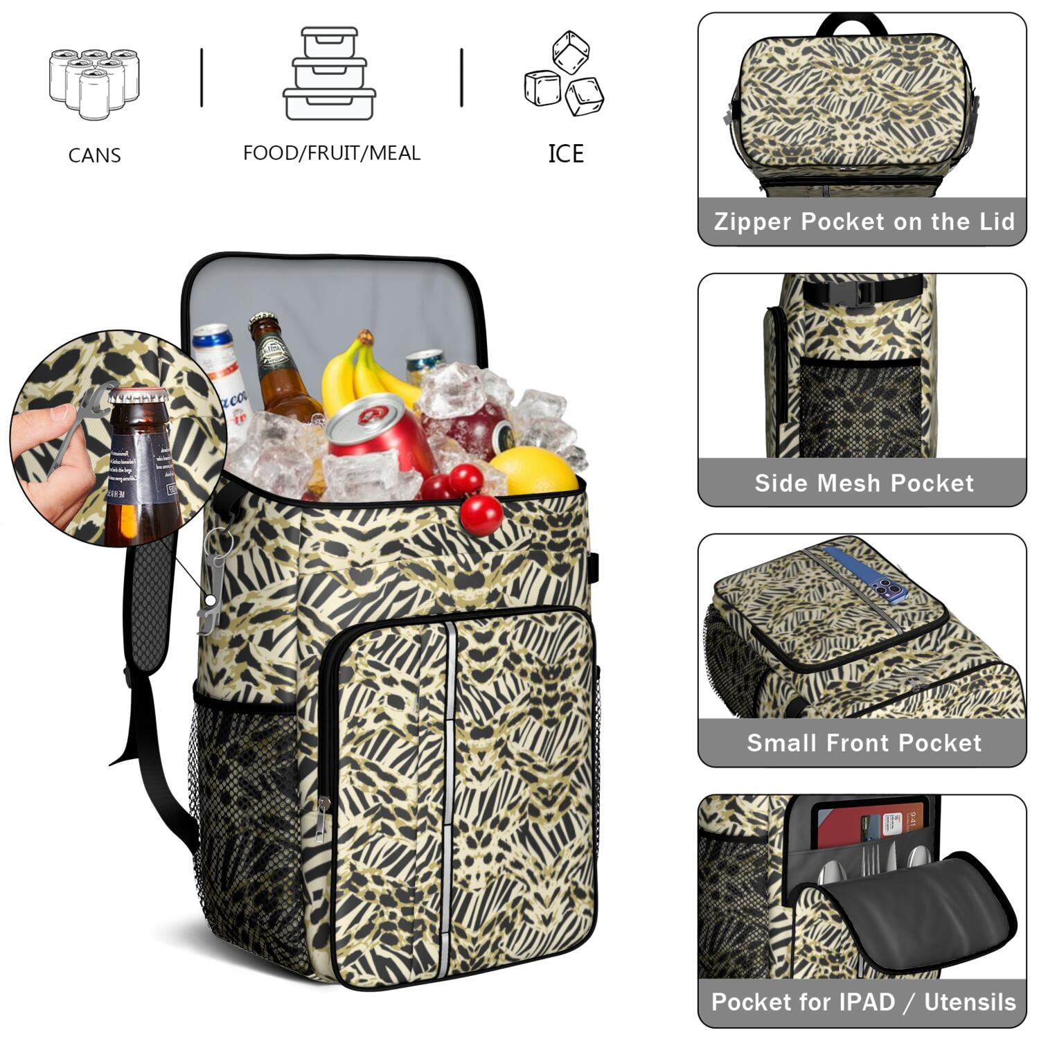 Travel Cooler Bag - Zebra and Leopard Print Pattern Camping Beer Cooler Backpack with Bottle Opener- Waterproof Insulated Picnic Backpacks - Cooler Bag for Beach