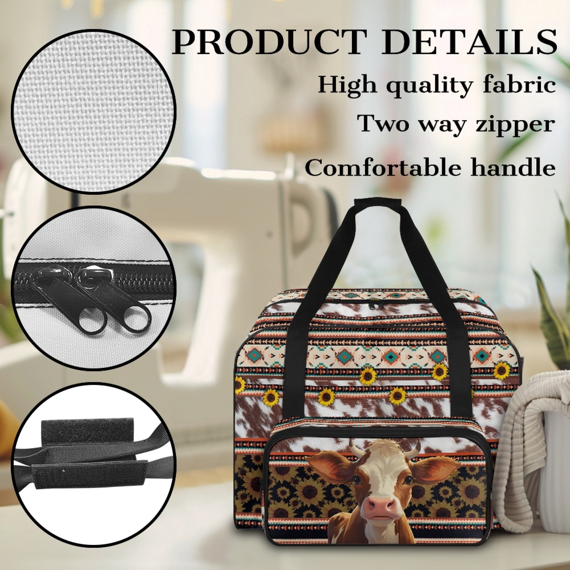 ZIATUBLE Aztec Ethnic Sewing Machine Tote Bag Sunflower Cow Traveling Bag with Zipper Cow Print Organizer Bag with Storage Pocket Sewing Machine Cabinets and Storage Organizer