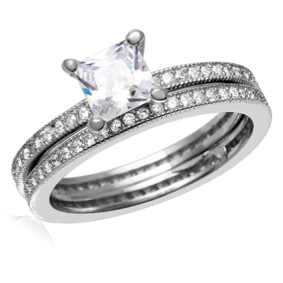 Rhodium Plated Sterling Silver 925 Square Bridal Wedding Ring Set White Cubic Zirconia Female Size 9