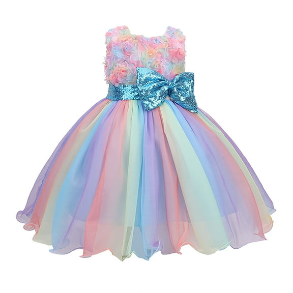 Girls Midi Dress Toddler Girls Color Net Yarn Bowknot Birthday Party Flowers Gown Kids Dresses New Long Sleeve Round Neck Dress Blue 3-4T