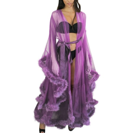Lingerie for Women Fashion Tulle Robe Long Nightgown Bathrobe Sleepwear Feather Bridal Robe Lace Underwear
