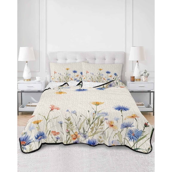 Quilts Twin XL Size, Blue Yellow Pink Spring Floral Soft Comforter Bedding Set for Bed, Watercolor Summer Botanical Rustic Lightweight Quilted Bedspread with Pillow Cover(2 Pieces), 68x98 Inch