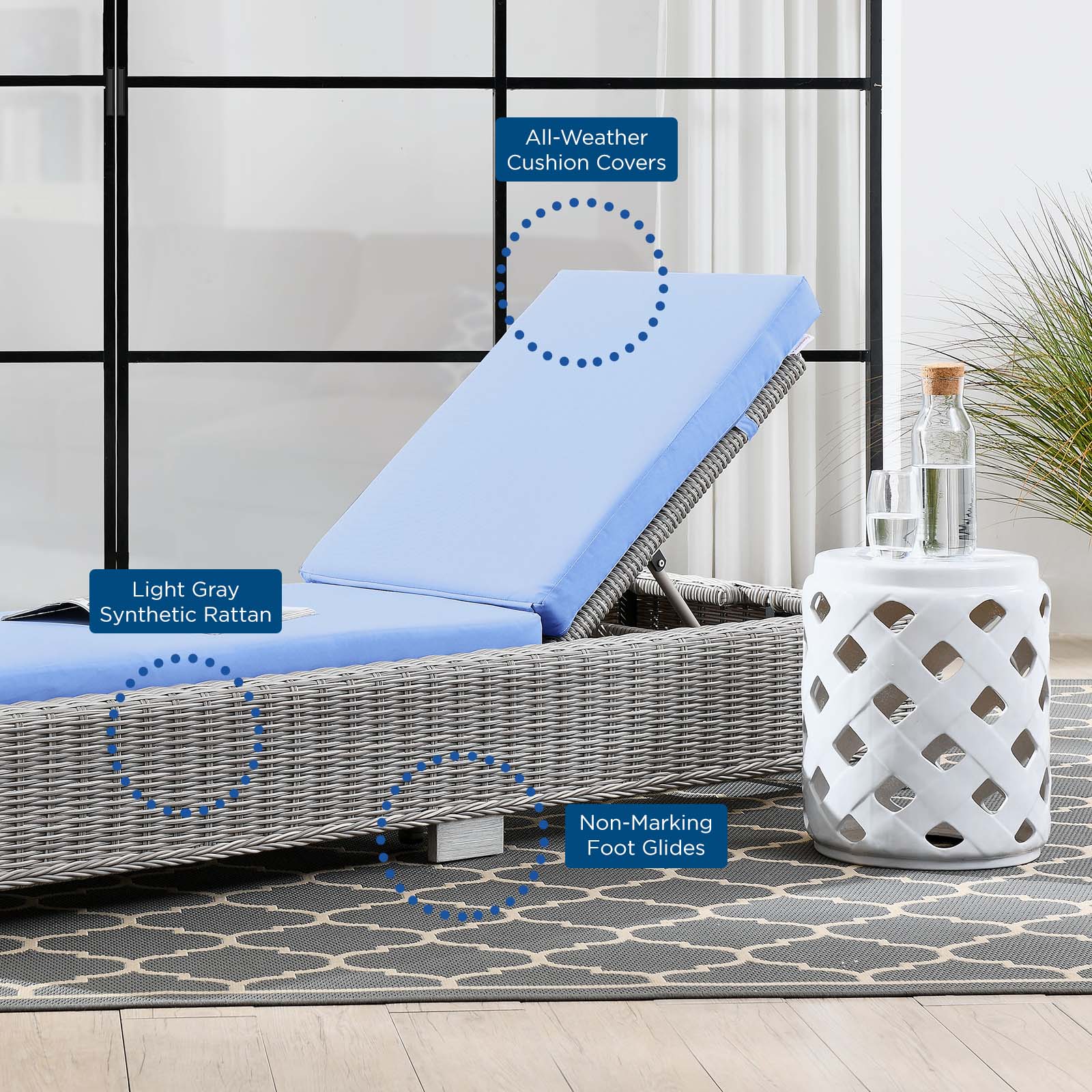 Lounge Chair Chaise, Rattan, Wicker, Light Grey Gray Light Blue, Modern Contemporary Urban Design, Outdoor Patio Balcony Cafe Bistro Garden Furniture Hotel Hospitality - image 5 of 9
