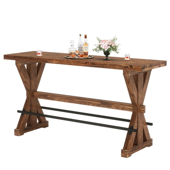 Tribesigns 63-Inch Rustic Solid Wood Bar Table, Rectangular Counter Height Pub Dining Table With Heavy-Duty X-Base