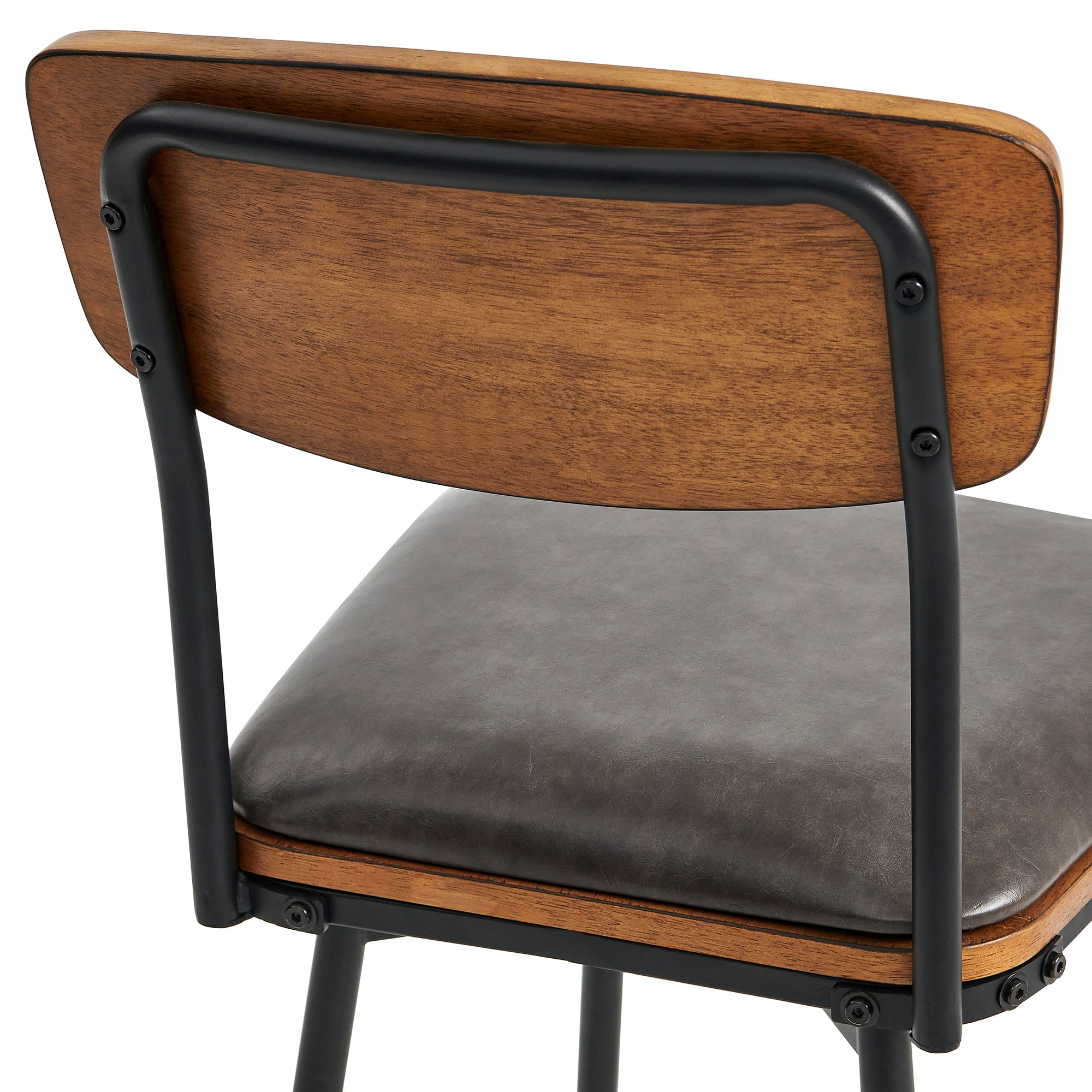 Spruce & Spring Counter Height Swivel Bar Stool with Wood Back and Metal Base Set of 3, Dark Grey, Faux Leather
