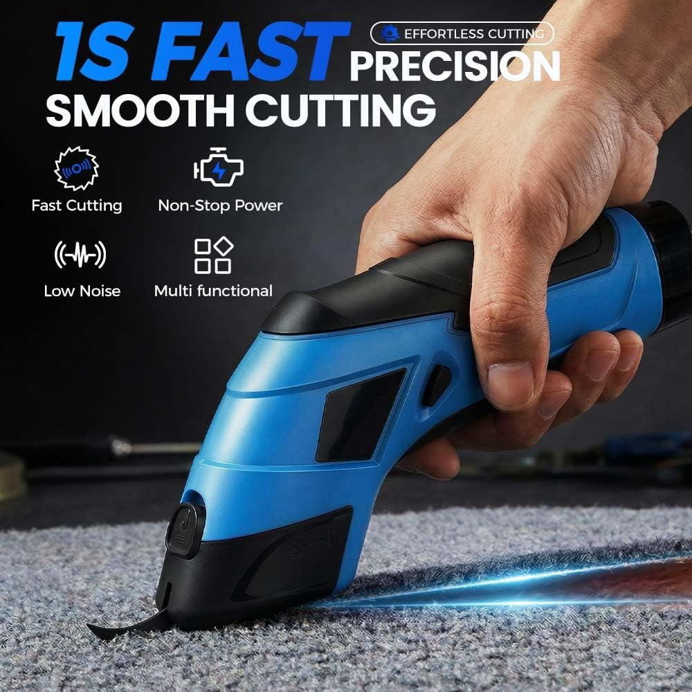 ABPETE Cordless Electric Scissors,Rechargeable Cordless Scissors Fabric Cutter, Heavy Duty Electric Box Cardboard Cutter, Multi-funtion Tool for Cutting Crafts,Box,Sewing,Carpet (Blue-2 Blade)
