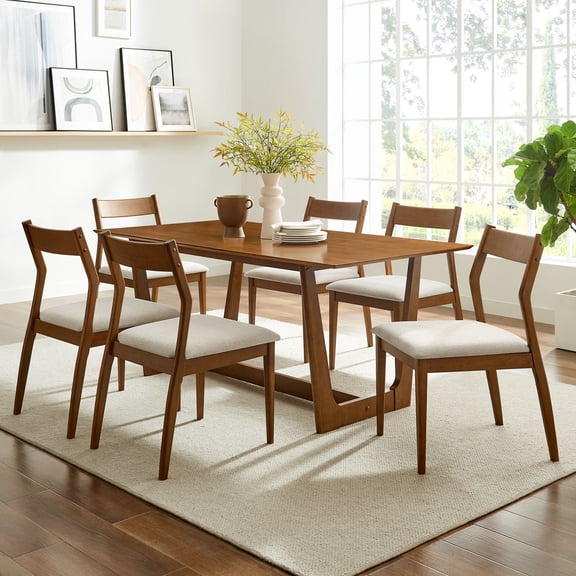 Modway Solara 7-PC Dining Set with Fabric Chair in Walnut Heathered Weave Beige