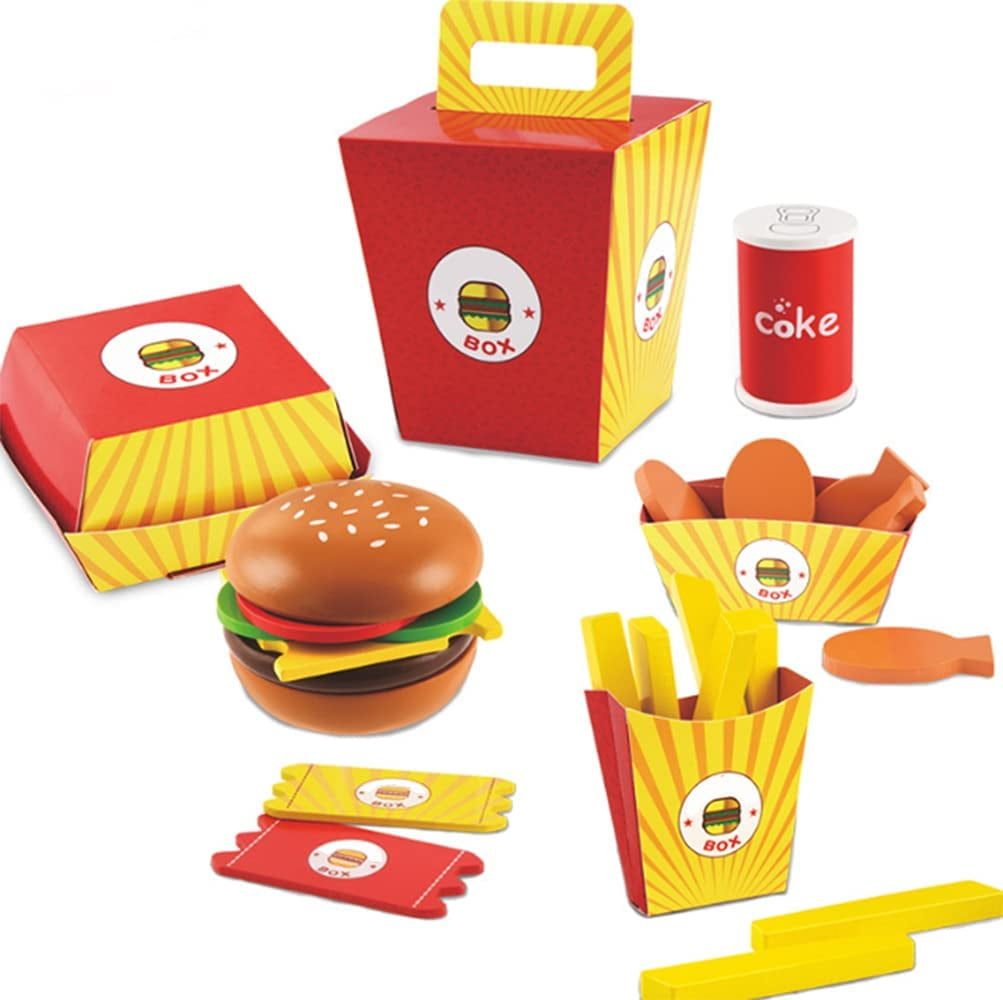 26pcs Wooden Fast Food Deluxe Dinner Set For Kids Children Pretend Play 