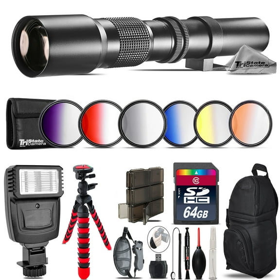 500mm Telephoto Lens for Nikon D3100 D3200   Flash   72" Monopad - 64GB Kit