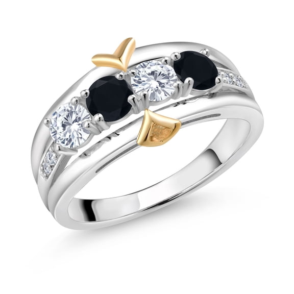 Gem Stone King 925 Silver and 10K Yellow Gold Black Onyx Ring Set with Moissanite (0.95 Cttw) (Size 9)