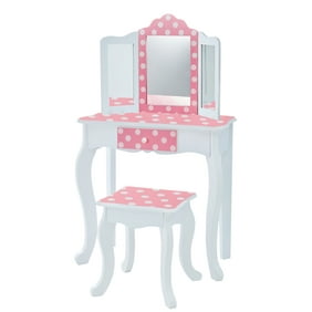 Fantasy Fields Wood Finish Kids Bedroom Vanity Set Makeup Desk W/ Tri-Fold Mirror & Chair Pink/White