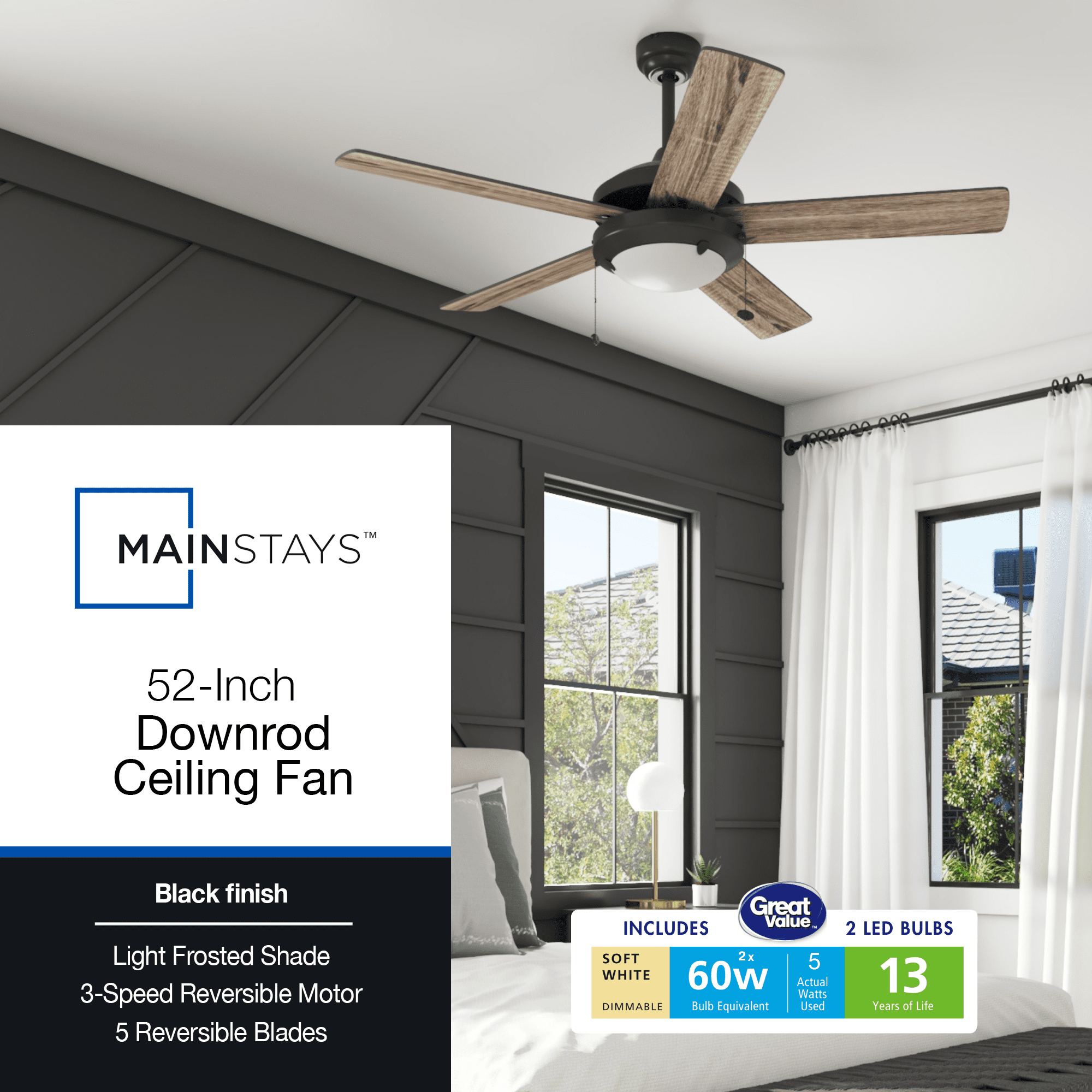 Mainstays 52" Matte Black Indoor Ceiling Fan with Light, 5 Blades, Pull Chain Control & Reverse Airflow