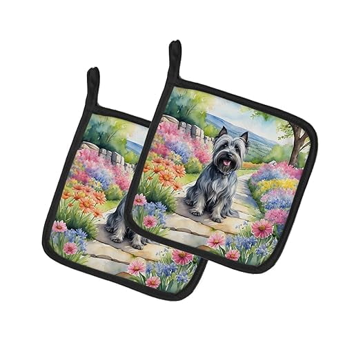 Skye Terrier Spring Path Pair of Pot Holders 7.5 in x 7.5 in