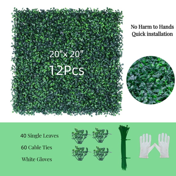 12 Pieces 20" x 20" Artificial Grass Wall Backdrop Panels UV-Anti Greenery Boxwood Panels for Indoor Outdoor Green Wall Decor & Ivy Fence Covering Privacy,Artificial Hedge Green Wall