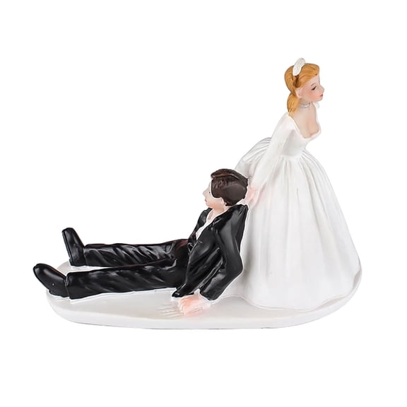 Wedding Cake Topper Reluctant Groom Being Dragged By The Bride Resin Figurines Funny Keepsake Decorative Statue For Marriage Celebration Or Bridal Shower (White)