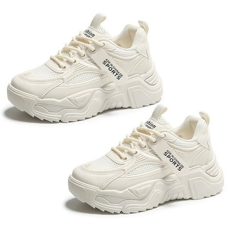 Sneakers for Women Fashion Platform White Leather Casual Dad Shoes Comfortable Wedge Walking Sport Sneakers Beige Quickwittc Beige